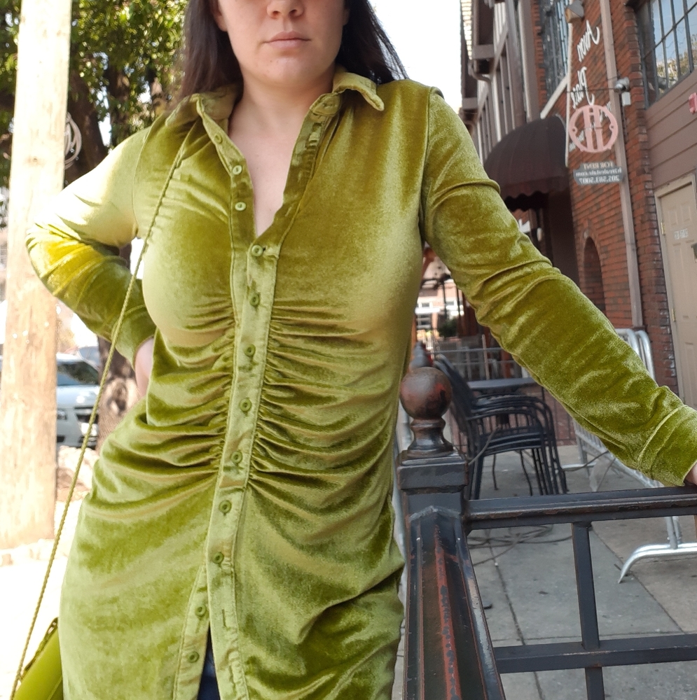 Green sinched button down dress velvet